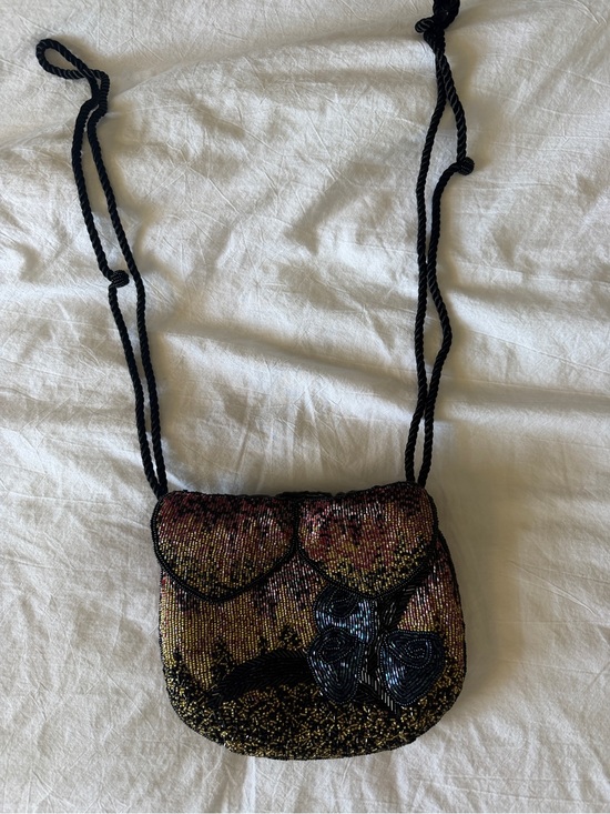 Beams Handbags - Beaded floral Strap Small Bag Purse in Black and Gold Women BEAMS Japan unique